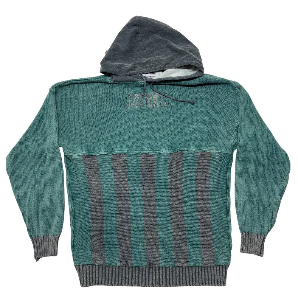 Vintage Arizona Jeans Co Hoodie Medium Green Stripe Knit Fleece Sweatshirt Korea